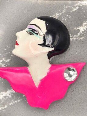 Vintage Art Deco Style Flapper Girl Brooch Hand Painted Pink Black Rhinestone